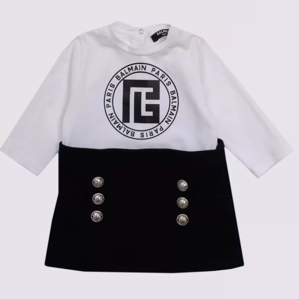 BALMAIN T-Shirt Dress Size 6M Coated Log Branded Buttons Round Neck